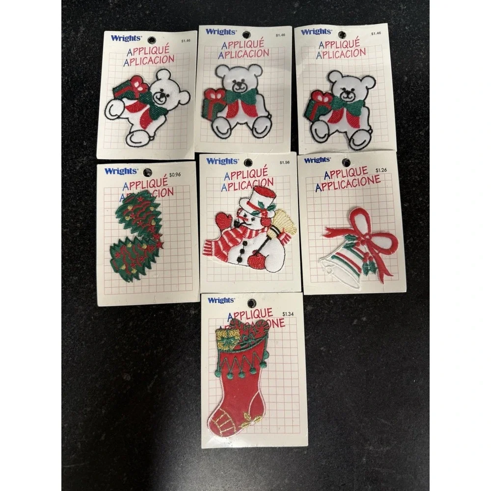 Vtg Wrights Christmas Applique Lot Of 7 Teddy Bears Snowman Stocking Bell NOS